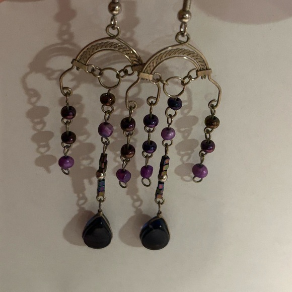 Boho Chic Silver and Purple Dangle Earrings - Picture 2 of 12